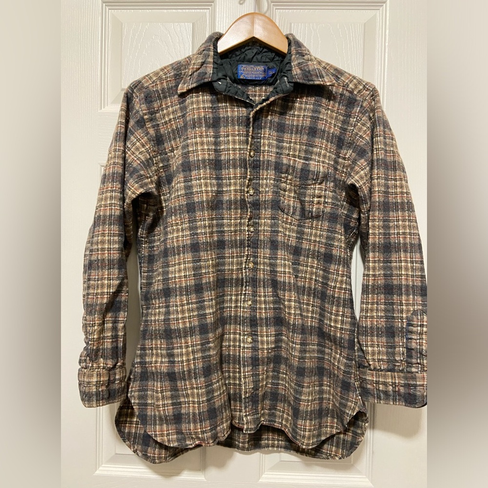 Vintage Pendleton Virgin Wool Button Down Flannel Shirt 2X Tall Brown Grey Plaid